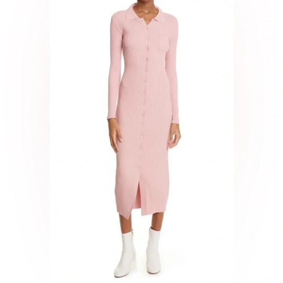 STAUD Napa Ribbed Long Sleeve Midi Dress in Blush NWT size L - Picture 2 of 7